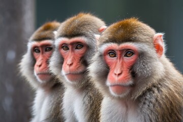 Obraz premium three monkeys are standing in a row and looking at the camera