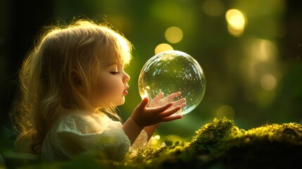 Naklejka premium A young child gazes in wonder at a large soap bubble in a sunlit, lush forest, This image can be used for themes of innocence, imagination, nature, and childhood in marketing, articles