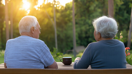 Senior couple enjoying a quiet moment together, drinking tea at sunset on the porch of their forest cottage © Bonsales