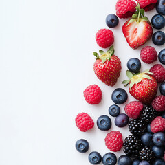 Obraz premium Fresh strawberries, blueberries, and raspberries close-up on a white surface