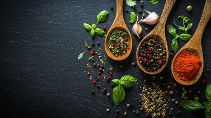 Wooden spoons with colorful spices
