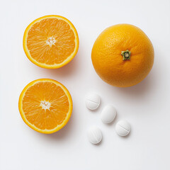 Fototapeta premium Whole and sliced orange with white vitamin tablets