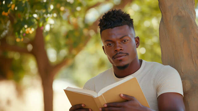 Concentrated young african american man reading a book while leaning on a tree in a garden during vacation