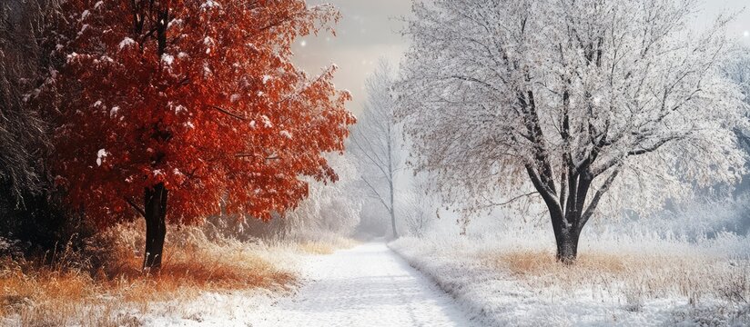Autumn to winter seasonal transition showcasing vibrant red foliage and a serene snowy landscape with a peaceful pathway.