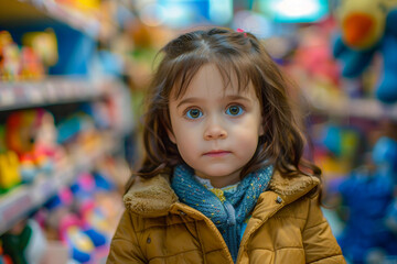 Fototapeta premium Generative AI image of a cheerful child enjoying a visit to a colorful toy store