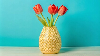 Three vibrant pink tulips in a textured white vase, set against a bright pink gradient background on a clean, minimalist surface.