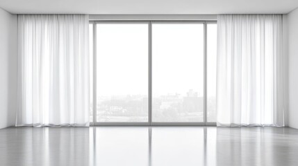 Fototapeta premium Panoramic window with sheer curtains in modern apartment interior showcasing natural light and minimalistic design