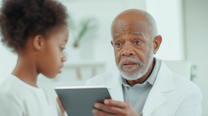Obraz premium Senior African American physician pointing at medical information on tablet while consulting young female patient in bright healthcare setting