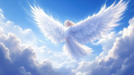 Angel soaring through bright sky.