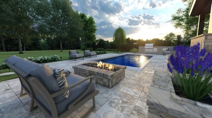 Tranquil backyard oasis with pool, fire pit, and lounge seating at sunset.