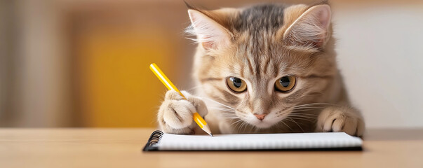 Fototapeta na wymiar Cute cat carefully writing or drawing something on notepad with pencil at wooden table in cozy home kitchen, funny pet