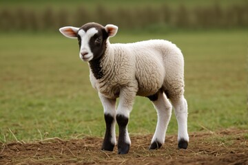 Fototapeta premium there is a small sheep standing in a field of grass
