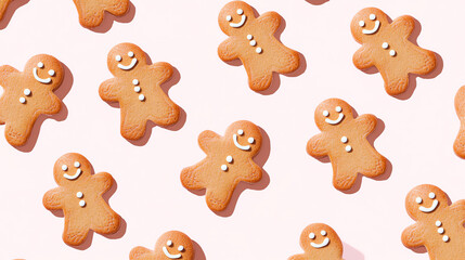 Playful gingerbread cookies arranged in creative patterns, festive and cheerful holiday background for designs