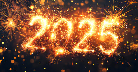 Vibrant New Year 2025 typography with firework bursts in the background, energetic and bold banner concept