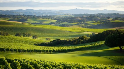 Fototapeta premium An elegant golf course amidst rolling hills and vineyards, Golf clubs ready for a round, Vineyard elegance style
