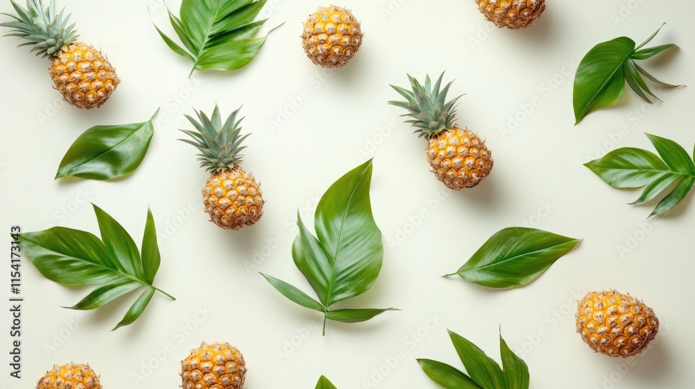 Sticker Fresh pineapples and green leaves arranged on a light background top view tropical cooking concept healthy food decoration