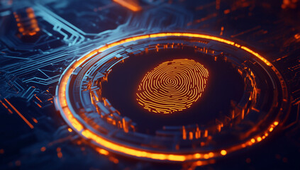 A digital illustration of biometric security, showing an electronic circle with orange lighting around it and a single fingerprint in the center on top of circuit board pattern