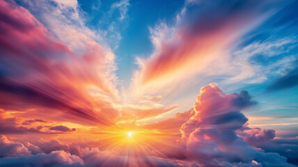 Fototapeta premium Vivid sunset with colorful clouds and radiant sunbeams