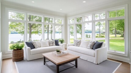 Bright and Airy Living Room with Lake View, Large Windows, Contemporary Furniture, and Natural Light