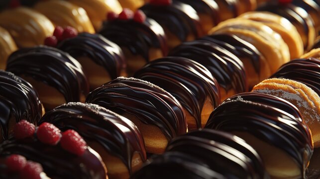 Delicious assortment of eclairs topped with rich chocolate glaze and fresh berries arranged in a tempting display. - Powered by Adobe