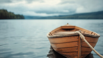 Obraz premium Old wooden boat is tied to the harbor dock, reflecting on the calm lake water under a cloudy sky, creating a serene and peaceful atmosphere