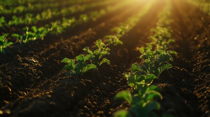 Healthy sugar beet plants bask in warm sunlight thriving in rich soil on an expansive agricultural field showcasing vibrant growth and fertility.