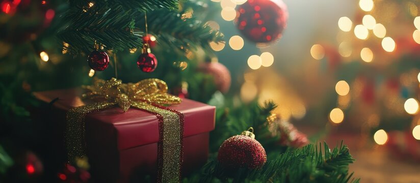 Close up of a beautifully wrapped gift box nestled under a festive Christmas tree adorned with ornaments and warm glowing lights