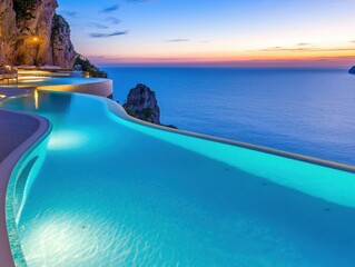 Fototapeta premium Stunning Infinity Pool Overlooking Serene Ocean at Sunset in Tropical Paradise