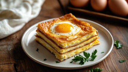 Delicious Martabak Egg Served on a Plate Perfect for Recipe Articles or Commercial Use with Copy Space on Wooden Table