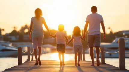 Family enjoying a relaxing walk on a pier at sunset, holding hands and creating lasting memories