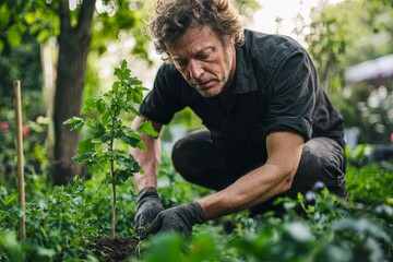 Man planting a tree in a green garden.