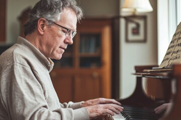 Man playing piano, lost in music.