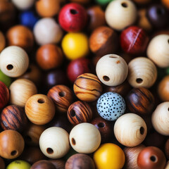 Colorful wooden beads in various sizes and patterns create vibrant and textured background, showcasing beauty of natural materials and craftsmanship
