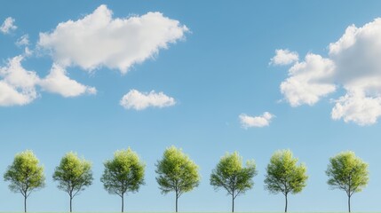 Obraz premium Row of lush green tree tops against a bright blue sky with fluffy white clouds creating a serene natural landscape backdrop.