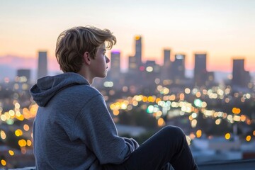 Teenager sitting on rooftop, looking at city lights.