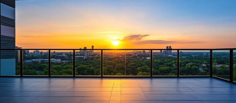 Vibrant sunset skyline view from a modern apartment balcony ideal for real estate advertising and property showcases