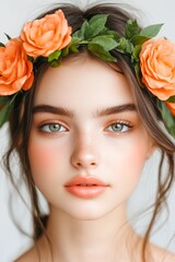 A close-up portrait of a young woman adorned with a floral crown featuring orange roses, This image is perfect for beauty campaigns, fashion blogs, or springtime promotions,