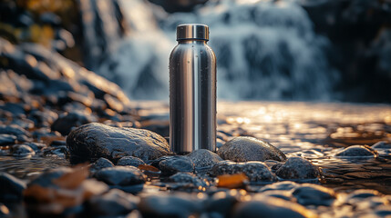 bottle of water near a waterfall