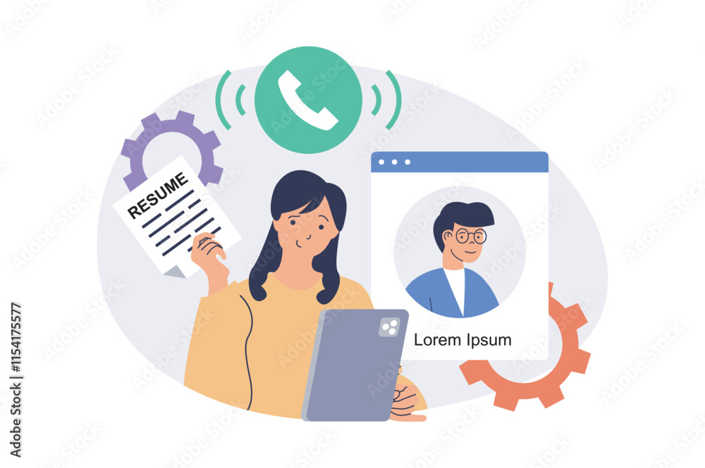 Poster online job interview web concept with flat cartoon people for website design. woman working as hr, s