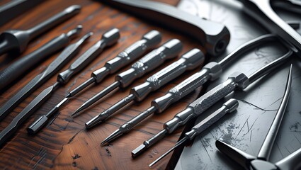 Fototapeta premium Metal Engraving Tools on Wooden Background