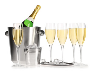 Champagne and buckets with ice isolated on white