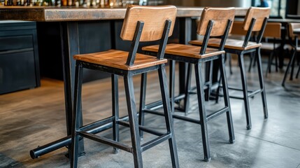 Retro wooden and iron bar stools at a sleek counter showcasing rustic furniture design in a modern setting with selective focus on seat details