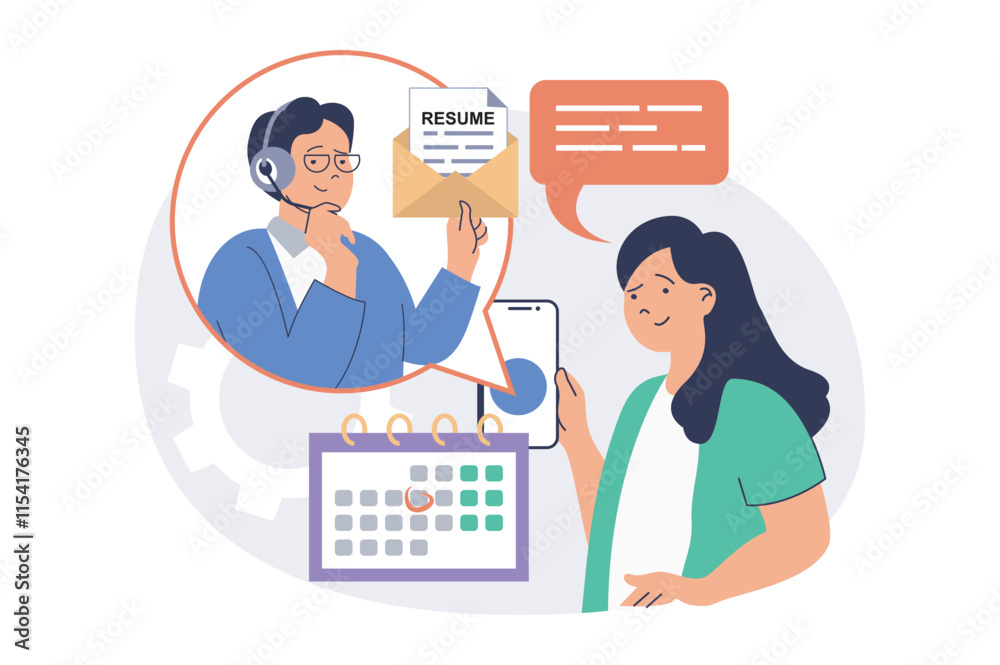 Aufkleber Online job interview web concept with flat cartoon people for website design. Man working as HR, interviewing candidates by video call, searching new employees, setting meeting. Vector illustration.