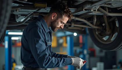 Mechanic working diligently under a car in an auto repair shop