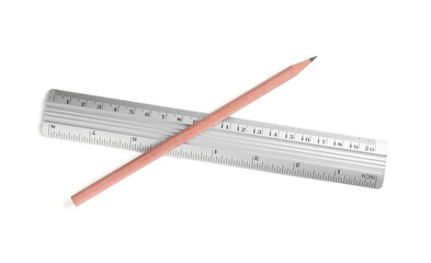 Ruler and pencil isolated on white, top view
