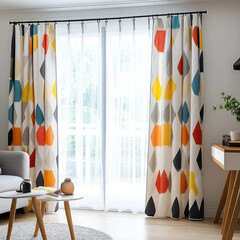 Bright geometric pattern curtains in modern living room, featuring vibrant colors like red, yellow, and blue. light filters through sheer fabric, creating cheerful atmosphere
