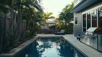 Tranquil backyard pool with lush tropical landscaping.