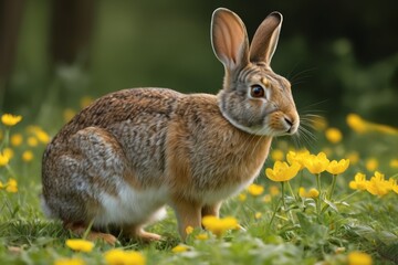 there is a rabbit that is standing in the grass with yellow flowers