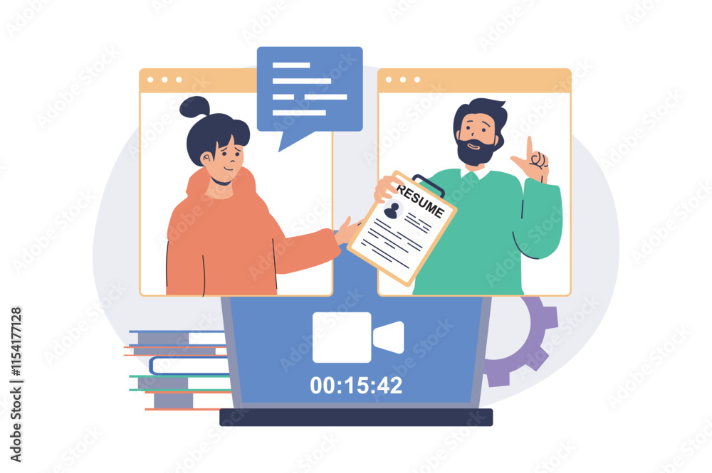 Aufkleber Online job interview web concept with flat cartoon people for website design. Man and woman talking at candidate interview by video call, HR agent searching employees to staff. Vector illustration.