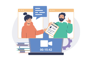 Online job interview web concept with flat cartoon people for website design. Man and woman talking at candidate interview by video call, HR agent searching employees to staff. Vector illustration.